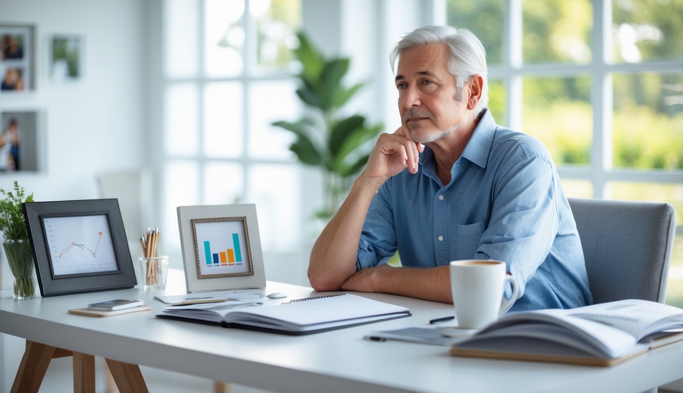 A mature person sitting thoughtfully at a desk in a bright room with a notebook, laptop, and family photos nearby.