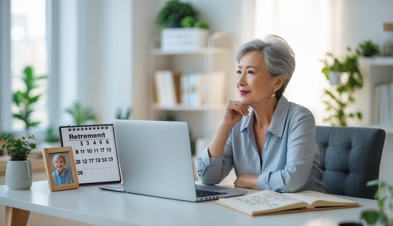 A mature person sitting at a desk in a bright home office, thoughtfully reflecting with a laptop, calendar, photo frame, and notebook around them.