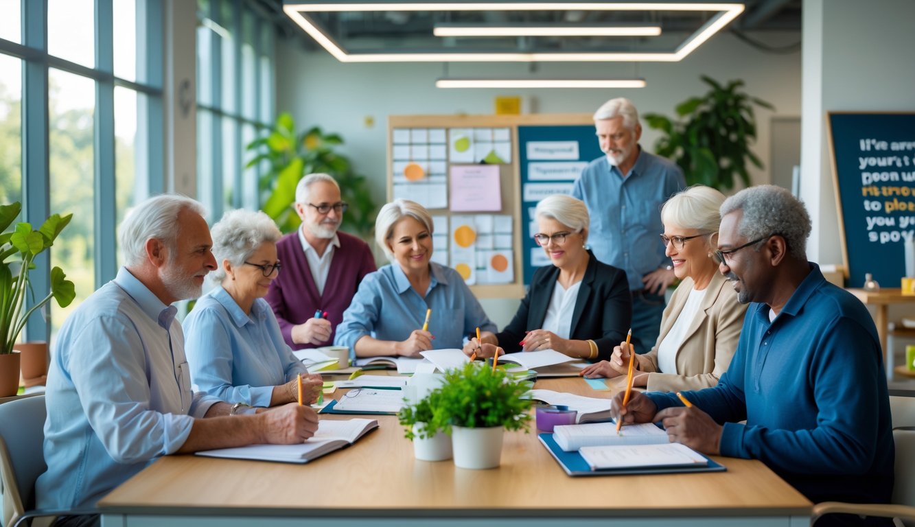 A group of mature adults engaged in self-discovery activities together in a bright, welcoming room.