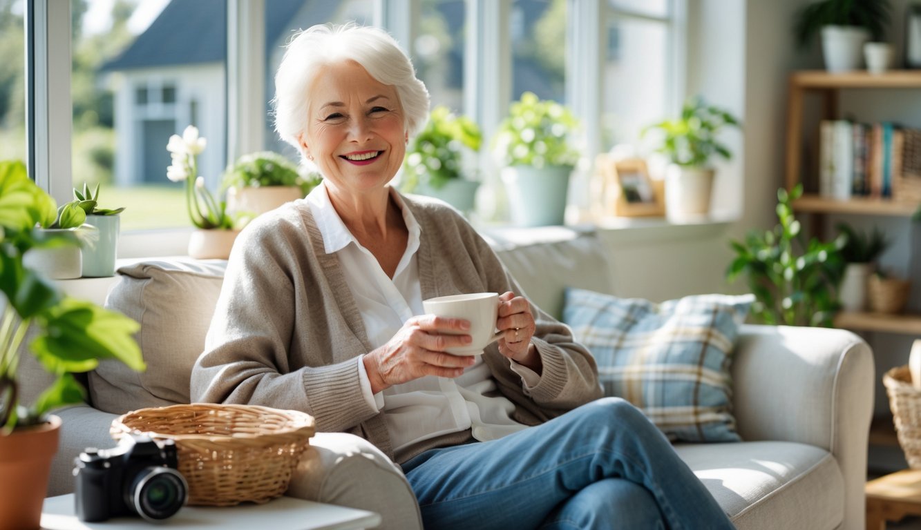 A smiling older person sitting comfortably in a bright living room surrounded by plants and hobby items.
