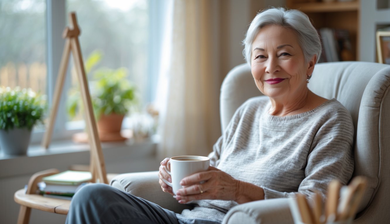 A smiling retired person sitting comfortably in a living room, holding a cup, surrounded by items representing hobbies.