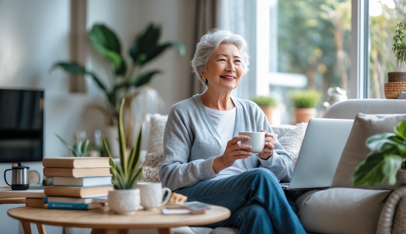 A smiling retired person sitting in a cozy living room holding a cup, surrounded by books, a laptop, and hobby items.