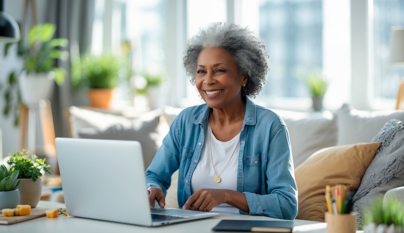 A smiling older adult sitting in a bright living room surrounded by items representing new hobbies and activities.