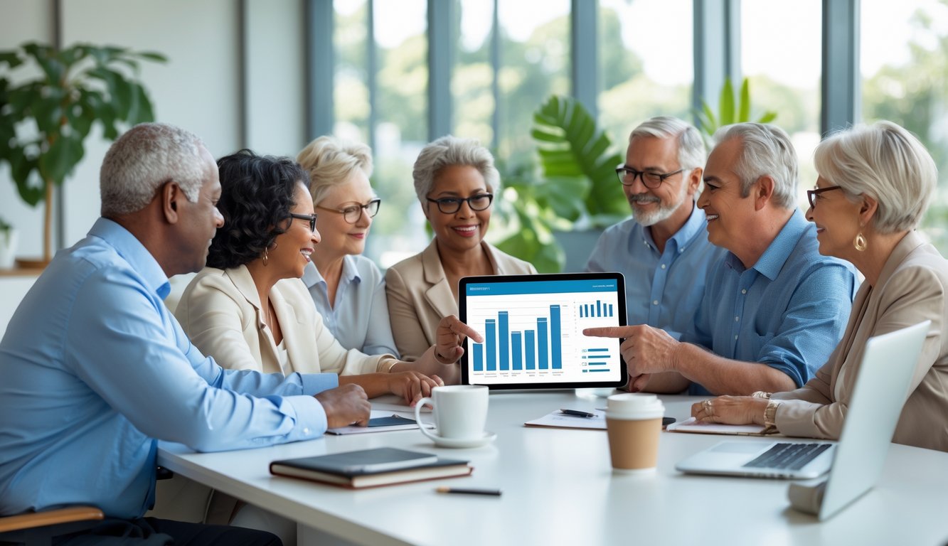 A group of mature adults collaborating around a conference table with digital devices and notebooks in a bright office.