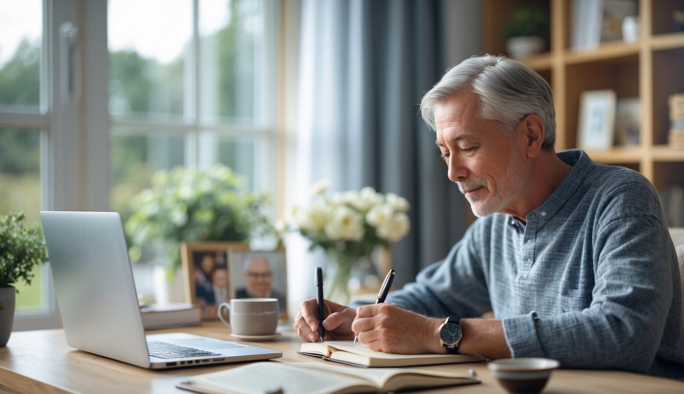 A mature person sitting at a desk writing in a notebook in a bright home office.