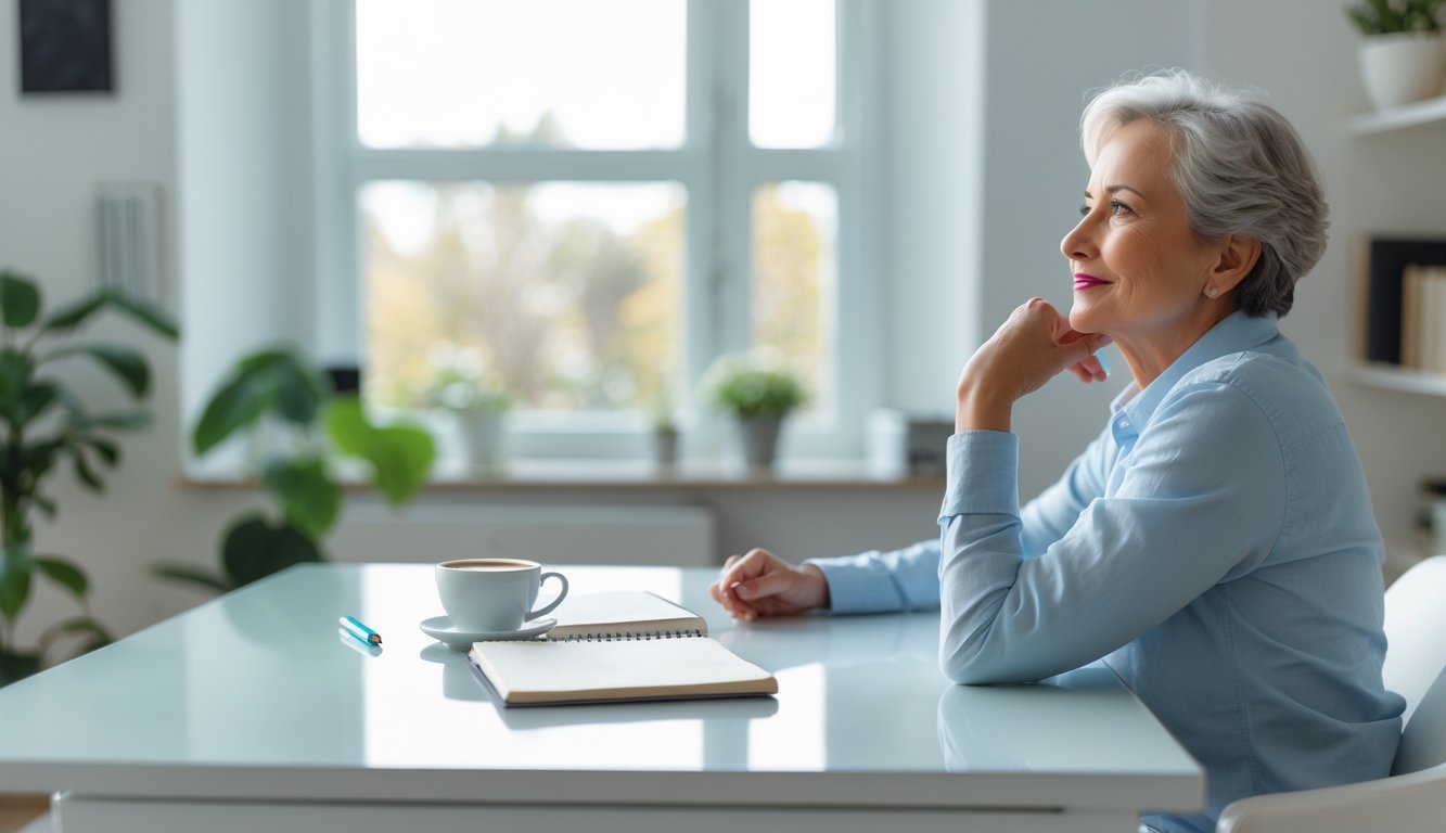 A middle-aged person sitting at a desk in a home office, looking thoughtfully out a window with a notebook and coffee nearby.