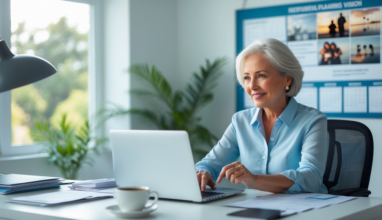 A person sitting at a desk in an office, thoughtfully planning their retirement with a laptop and papers nearby.