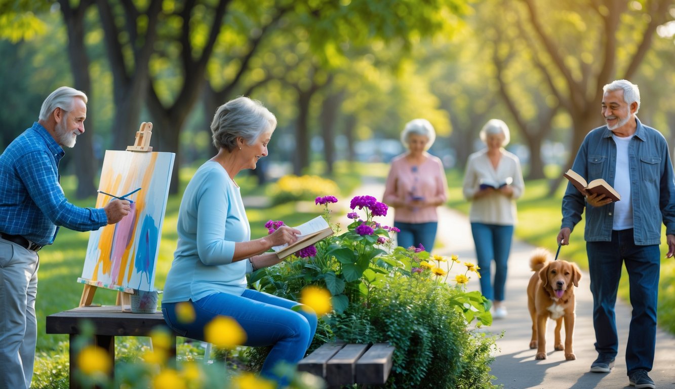 A group of older adults enjoying different activities in a sunny park, including painting, gardening, reading, and walking a dog.