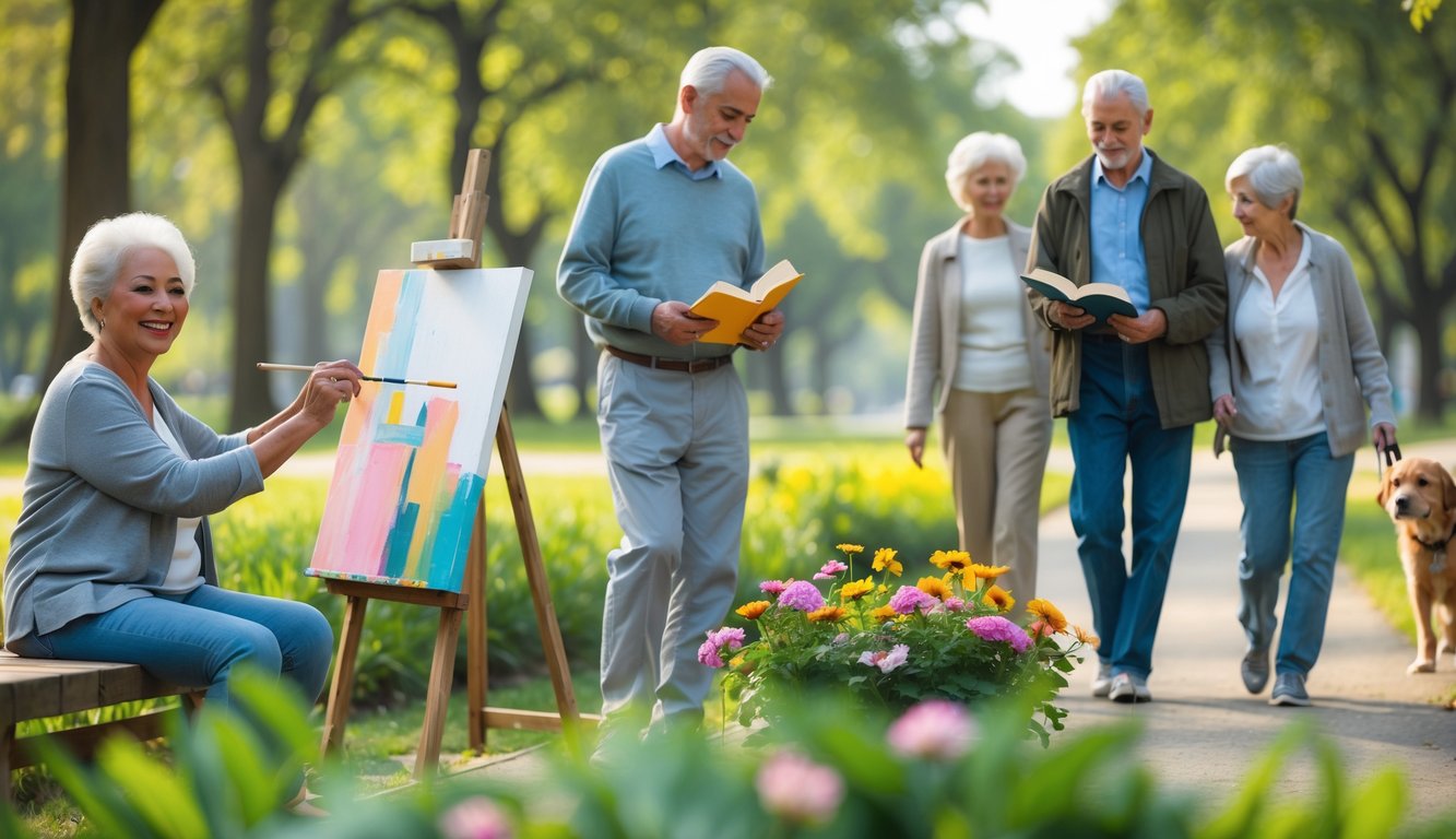 A group of older adults enjoying different activities in a sunny park, including painting, reading, gardening, and walking a dog.