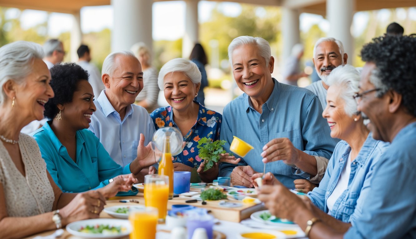 A diverse group of older adults enjoying social activities together in a bright community space.