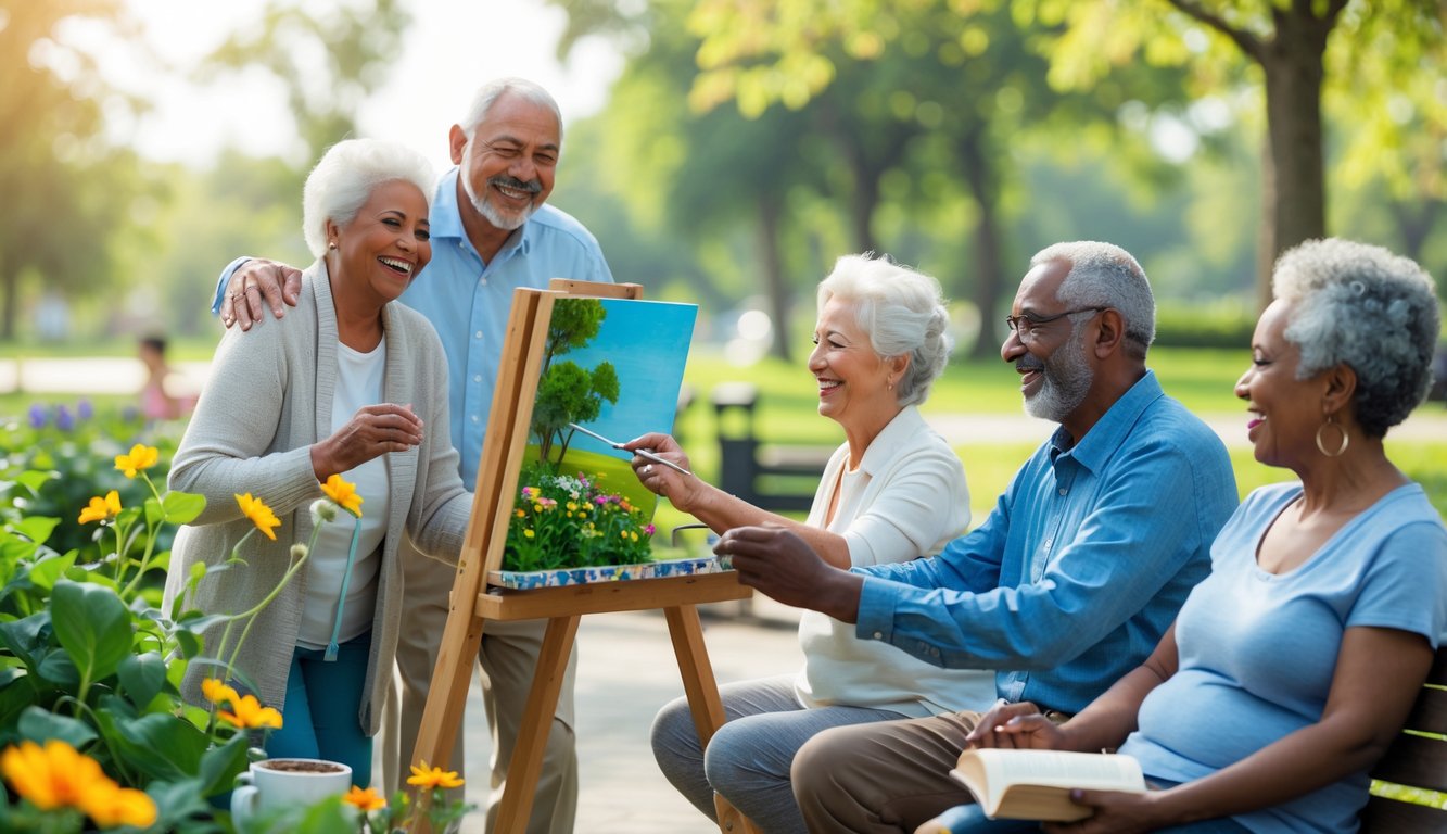 A diverse group of older adults enjoying gardening, painting, yoga, and reading in a sunny park setting.
