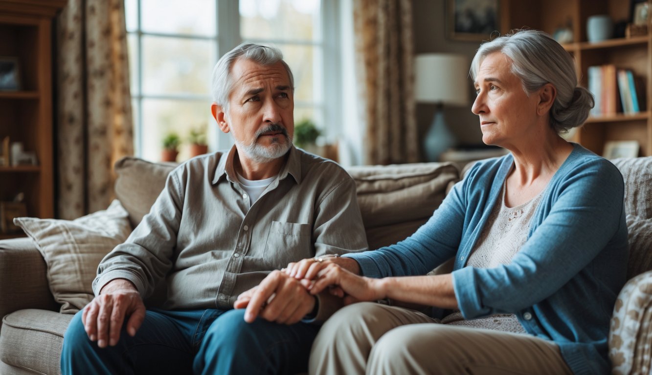 Middle-aged couple sitting together in a living room, the husband looking thoughtful while the wife holds his hand supportively.