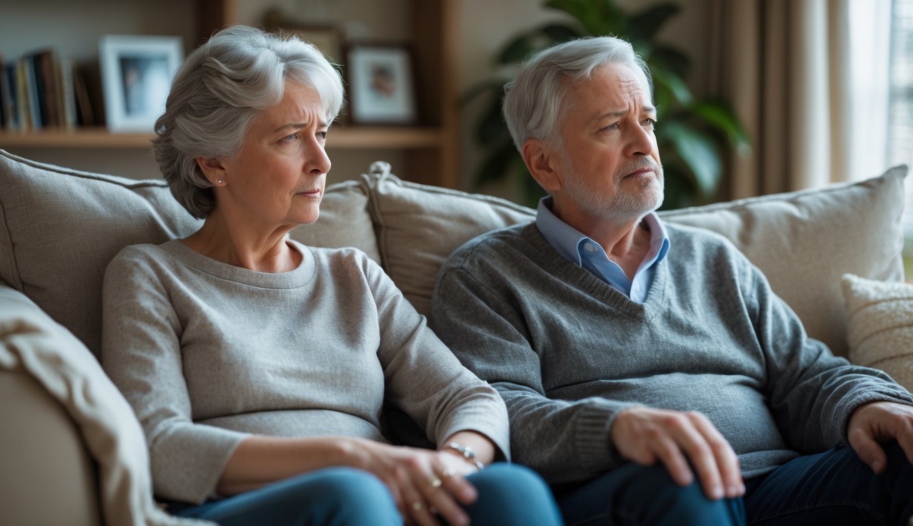A middle-aged couple sitting in a living room, one looking thoughtful and the other showing concern.