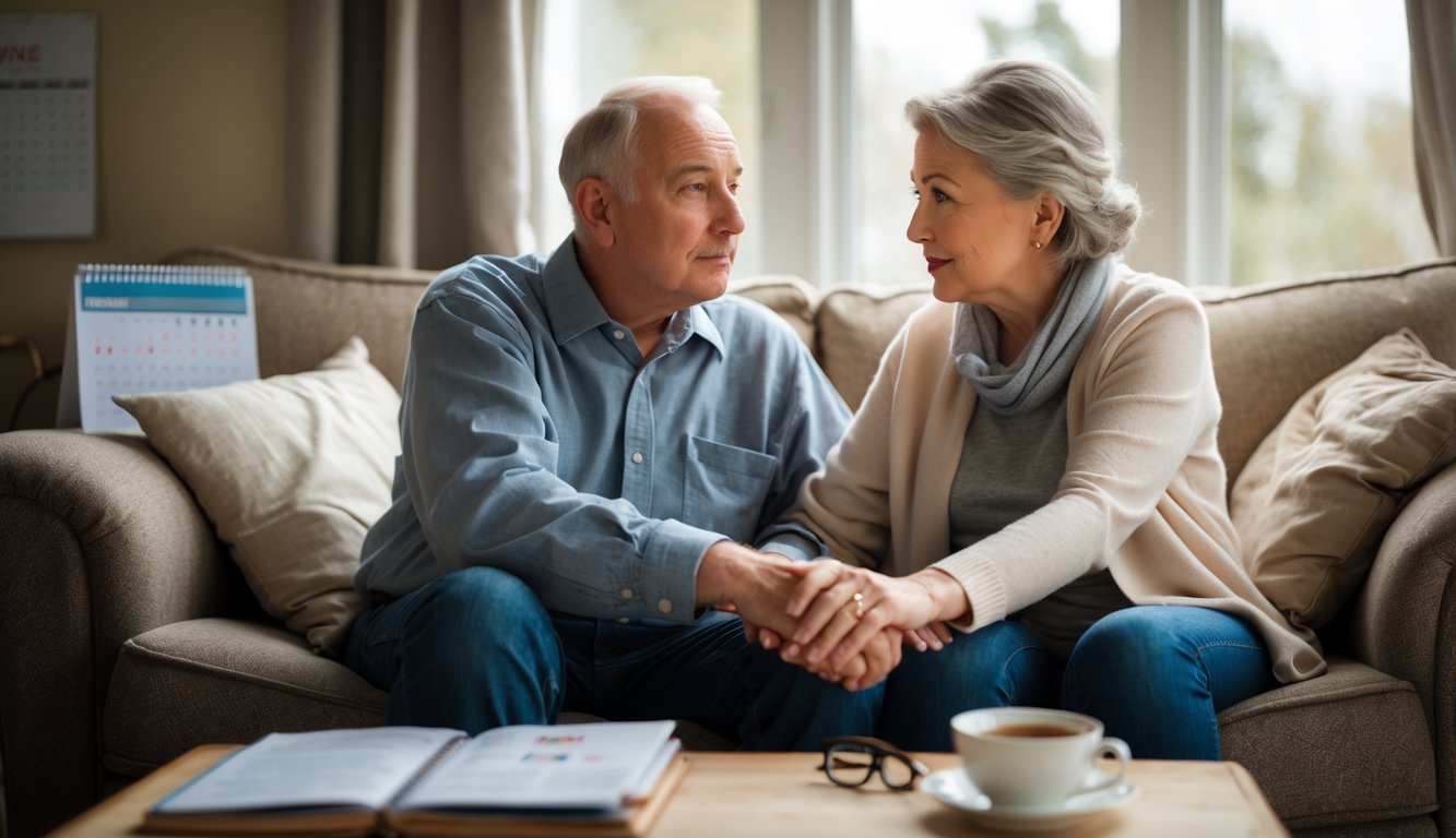 A middle-aged couple sitting on a sofa, the woman holding the man's hand as they share a quiet, thoughtful moment together.