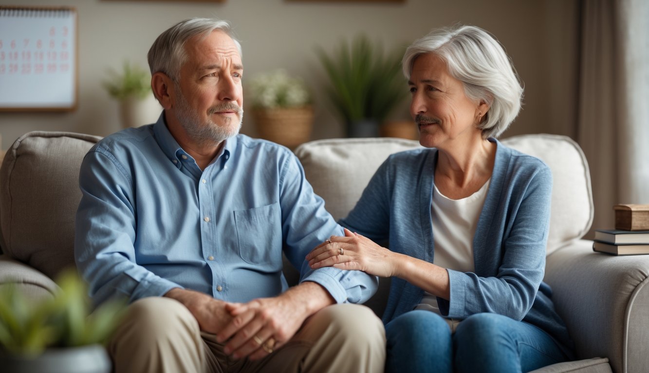 A middle-aged couple sitting together in a living room, the wife holding her husband's hand supportively while he looks thoughtful.