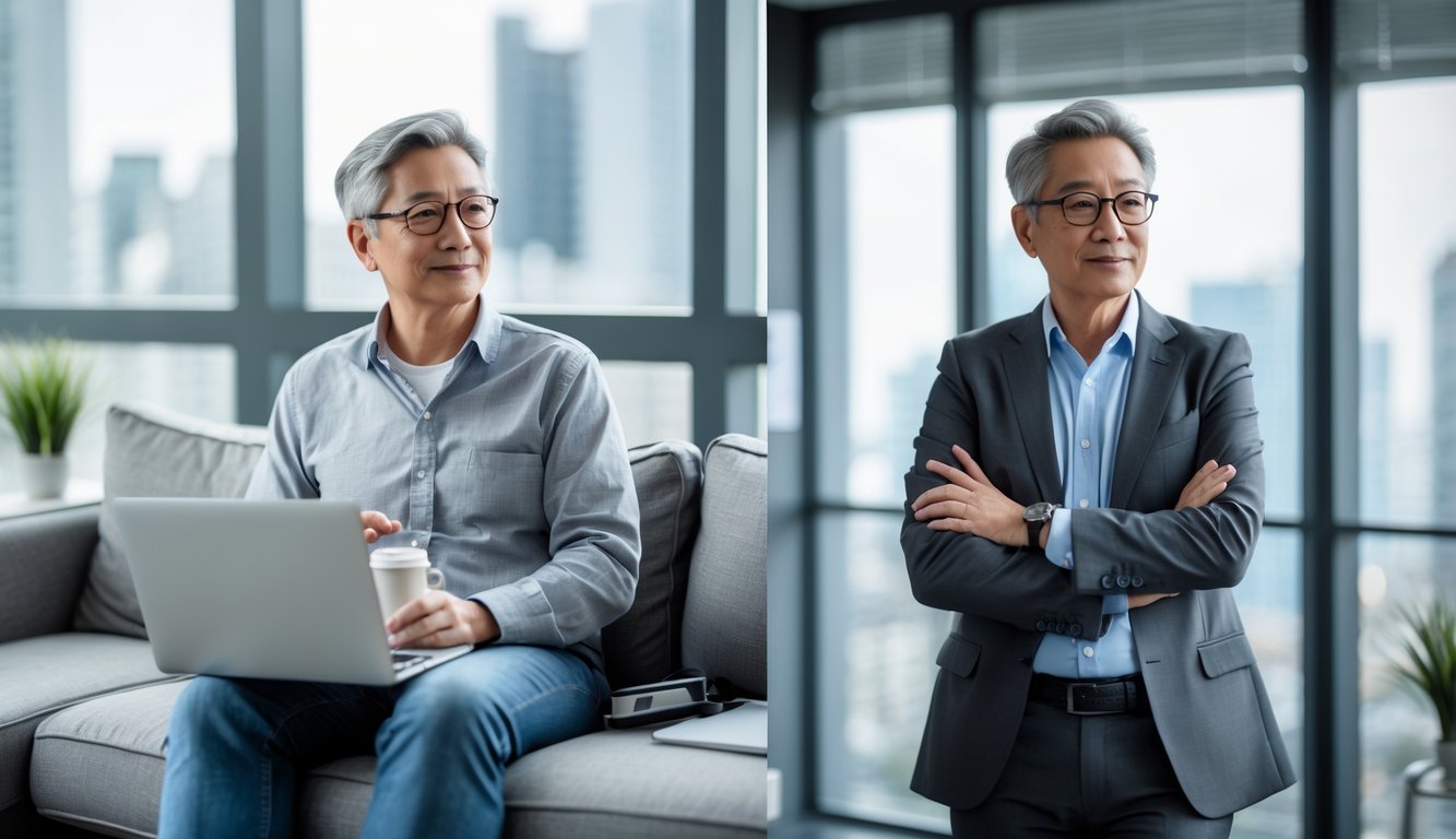 A person shown in two halves: one side working casually at home with a laptop, the other side dressed formally in an office, symbolizing balancing part-time work and professional life.
