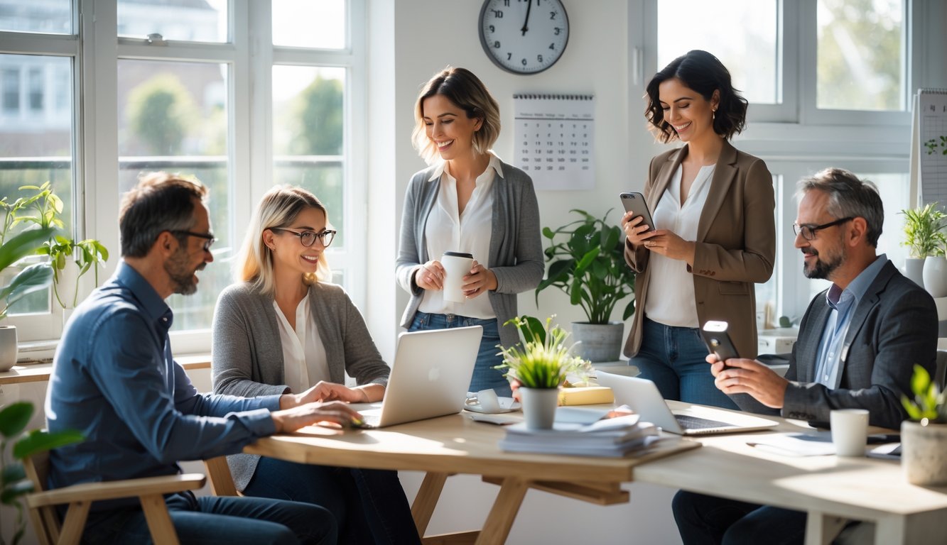 A group of adults working in a bright office and home workspace, balancing work tasks and personal activities.