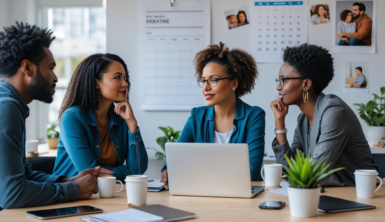 Three adults in an office engaged in a thoughtful discussion around a table with laptops and notebooks, reflecting a balance between work and personal life.