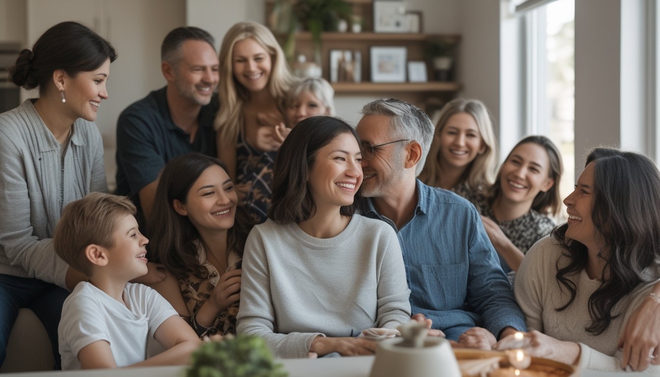 A diverse group of family and friends shares a warm, connected moment in a welcoming home.