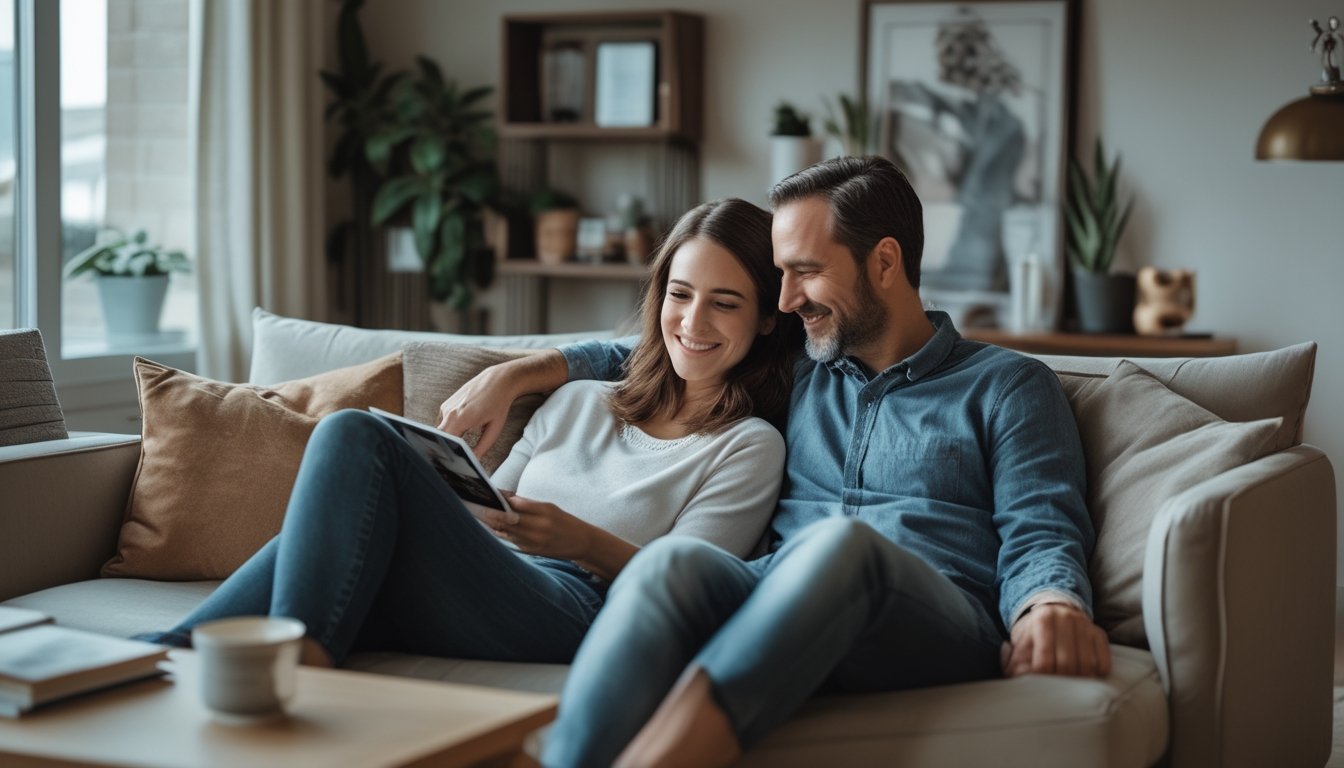 A long-term couple sits closely together in their living room, sharing a relaxed and affectionate moment.