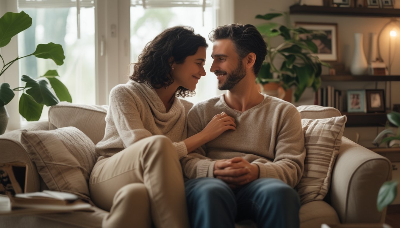 A long-term couple sits closely together at home, holding hands and sharing a warm, trusting moment.