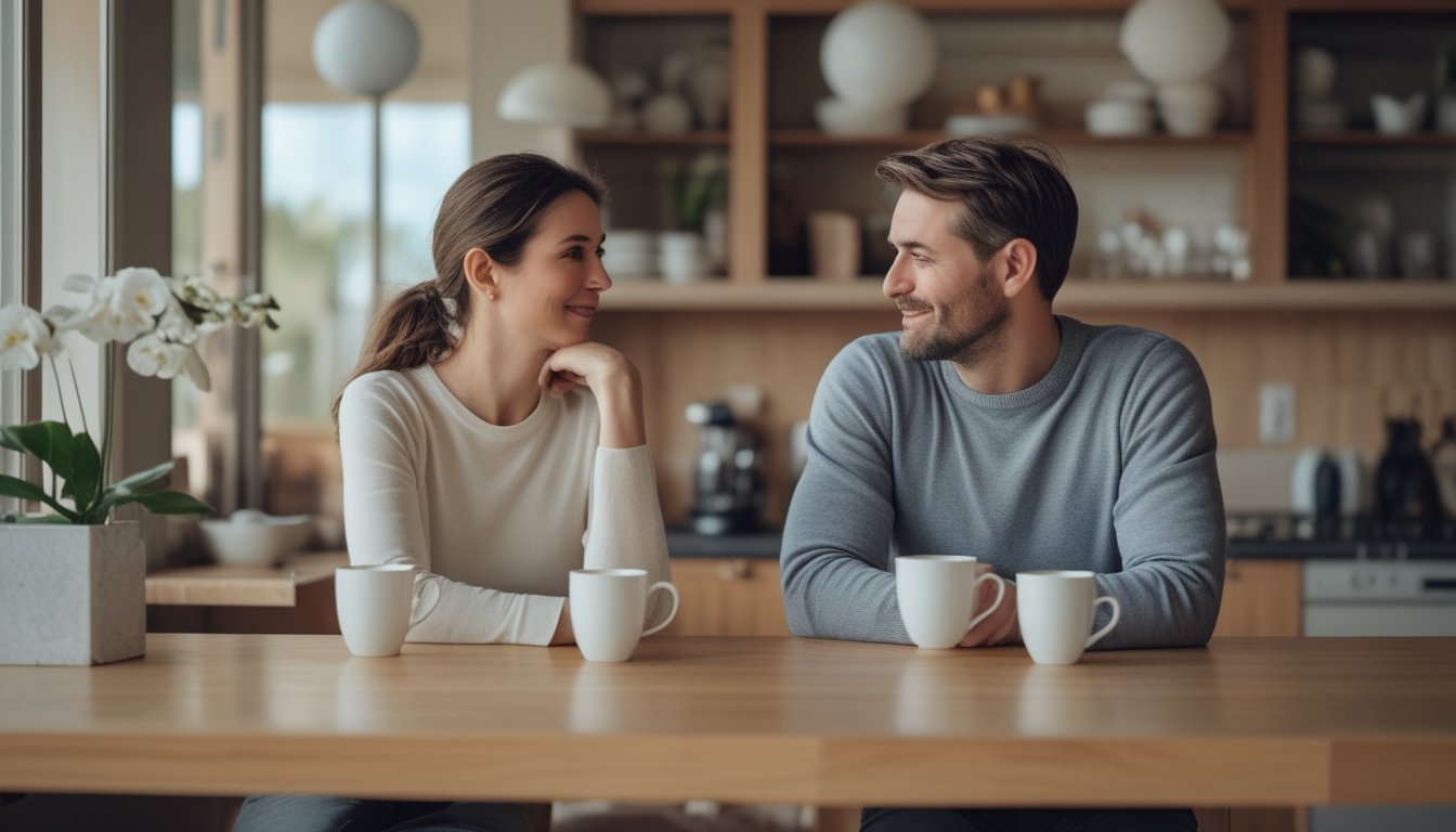 A long-term couple shares a calm, attentive conversation at home over coffee.